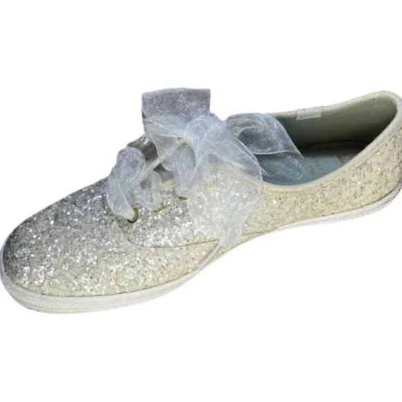 Keds by Kate Spade Champion Glitter Sneakers White Sheer Ribbon Laces Size 7 EUC - Picture 5 of 12